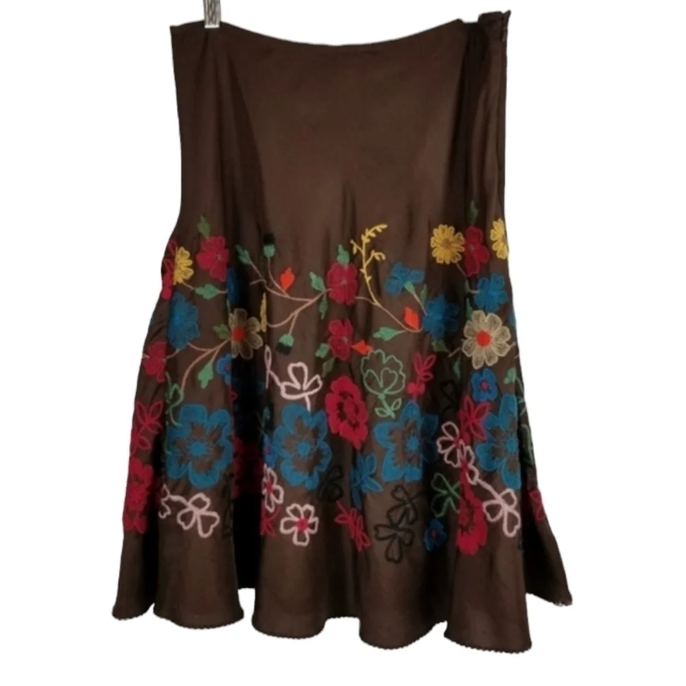 Johnny Was Silk Midi Skirt Floral Embroidery Size 8 Brown Multi Color A line